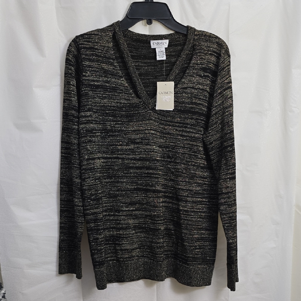 Carmen Marc Valvo Size: Large Black and Metallic V‑Neck Sweater New With Tags!